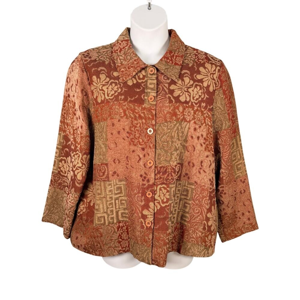 Vtg Bonworth Jacket Large Burgundy Floral Tapestry Button Up Pockets Fall Work